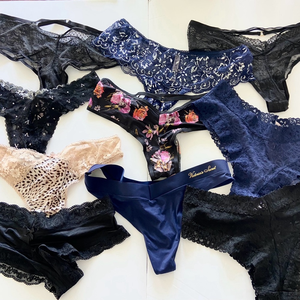 LOT of 9 Victoria's Secret Mixed Cheeky Thong Navy, Black, Floral, Lace